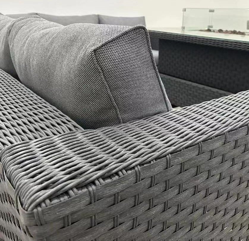 Apollo Luxury Rattan Left Hand Corner Sofa Stool Bench and Rising Fire Pit Table - Grey Rattan Furniture MaxiFurn 