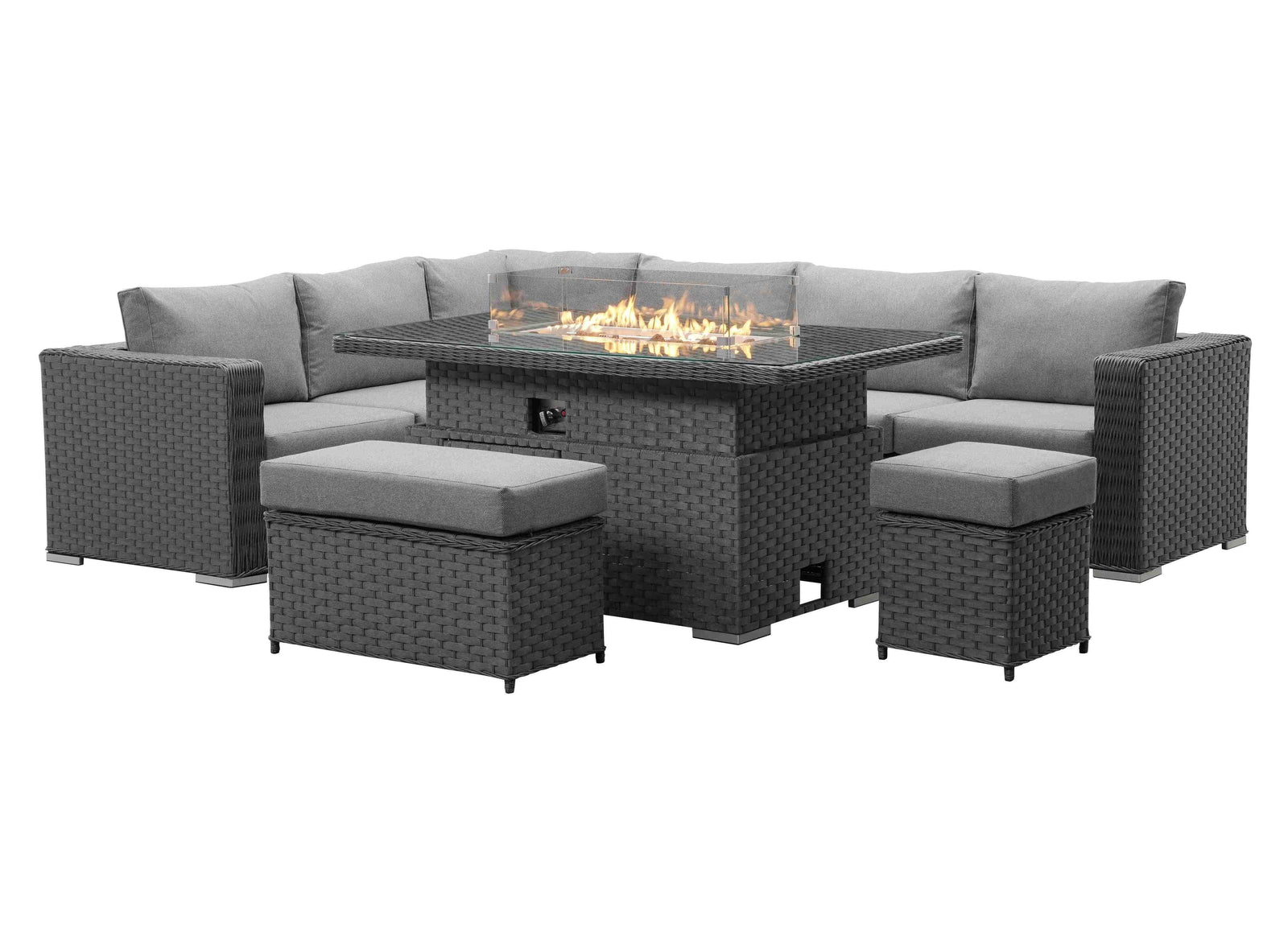 Apollo Luxury Rattan Left Hand Corner Sofa Stool Bench and Rising Fire Pit Table - Grey Rattan Furniture MaxiFurn 