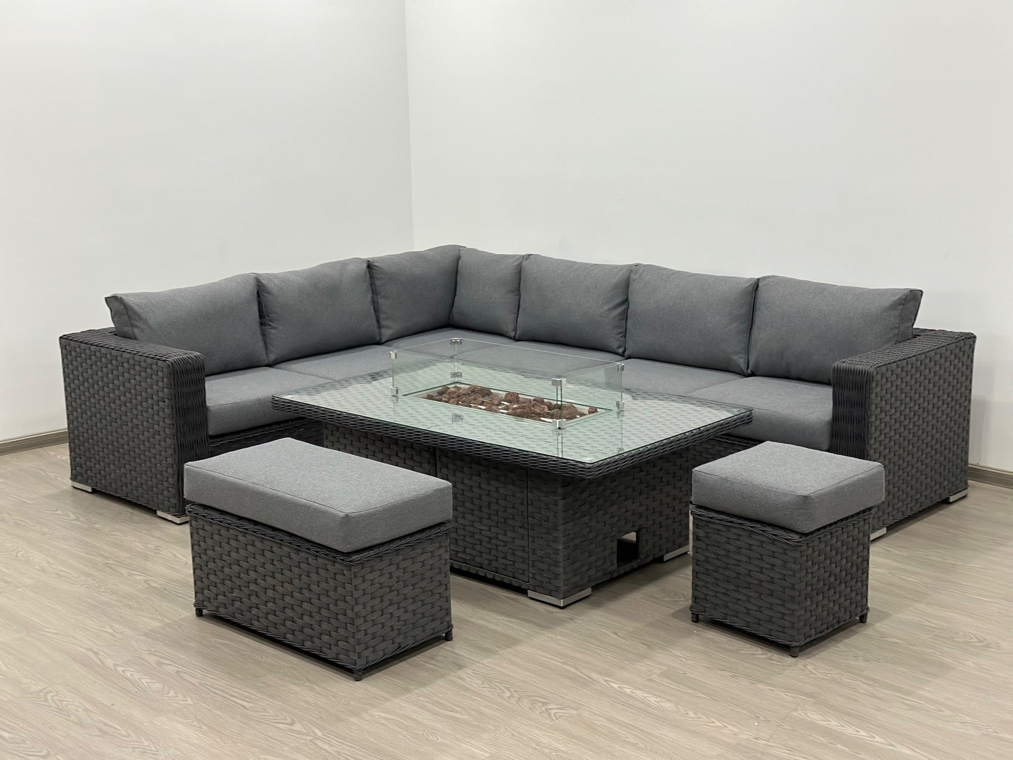 Apollo Luxury Rattan Left Hand Corner Sofa Stool Bench and Rising Fire Pit Table - Grey Rattan Furniture MaxiFurn 