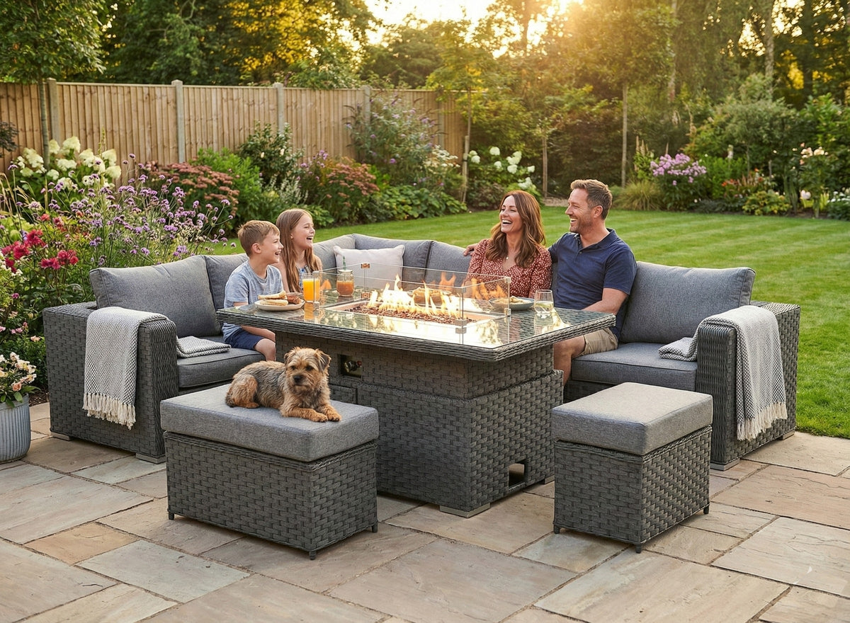 Apollo Luxury Rattan Left Hand Corner Sofa Stool Bench and Rising Fire Pit Table - Grey
