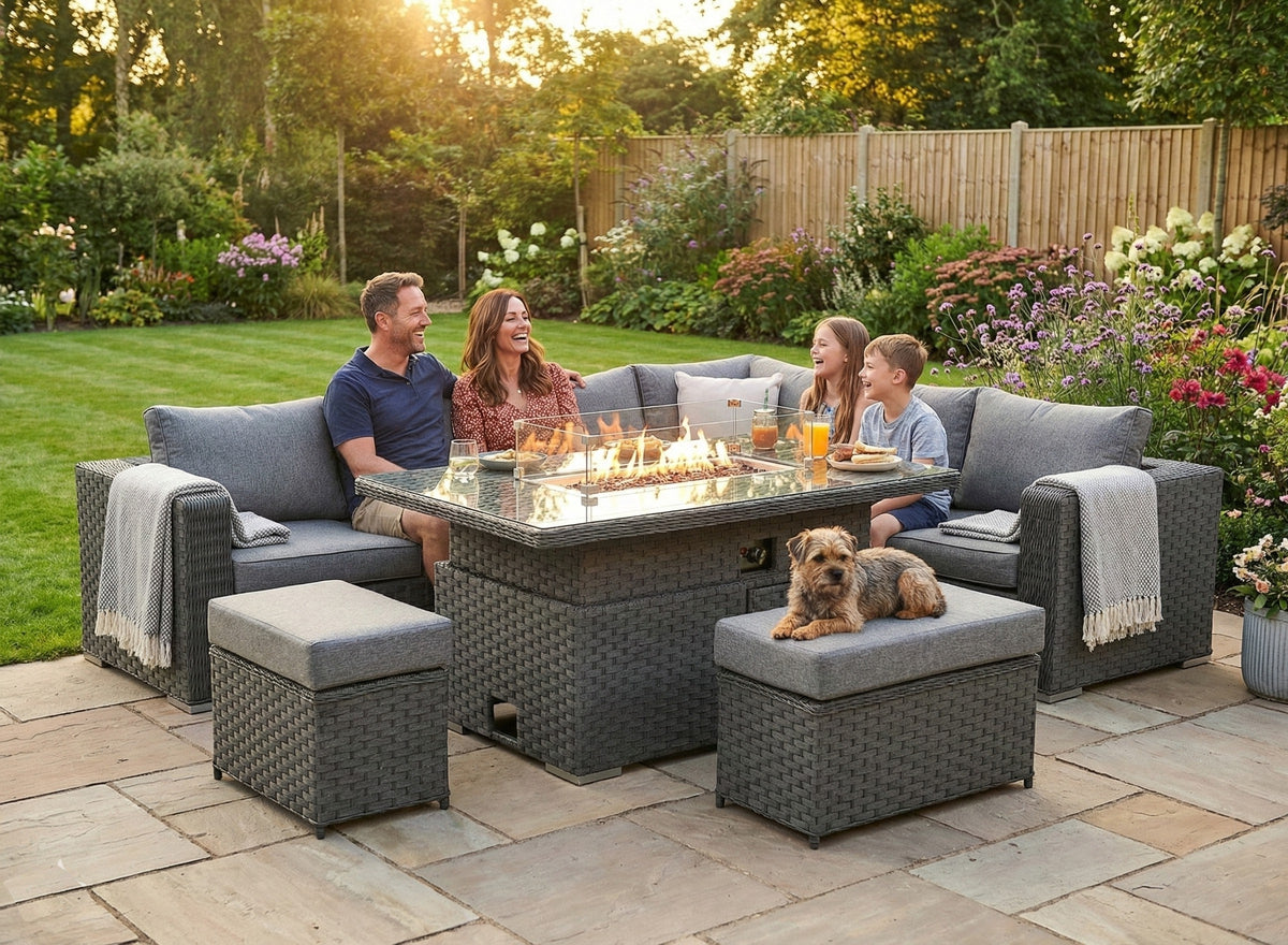 Apollo Luxury Rattan Right Hand Corner Sofa Stool Bench and Rising Fire Pit Table - Grey