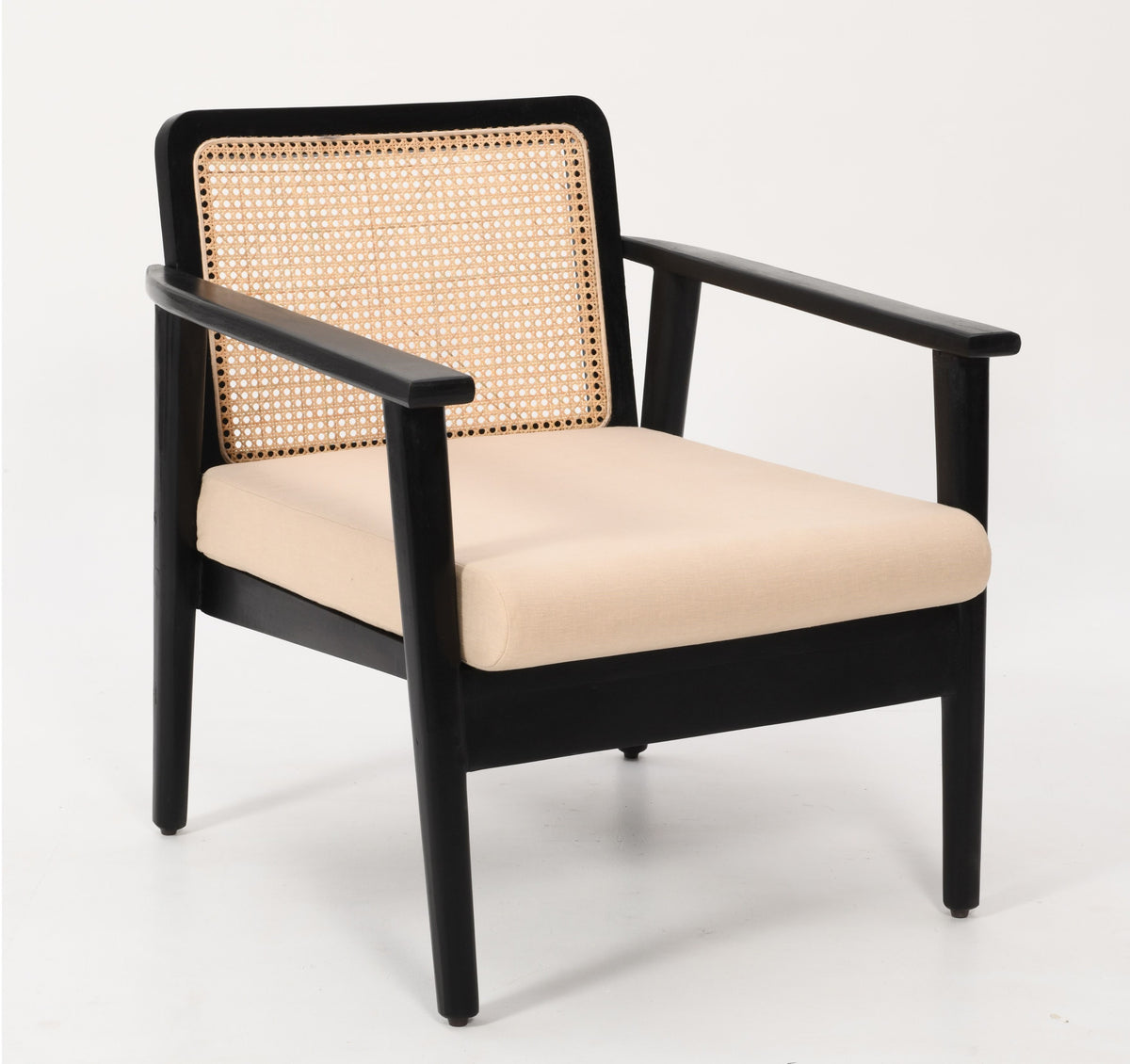 Mid-Century Rattan Chair - Black Solid Mango Wood &amp; Linen Fabric