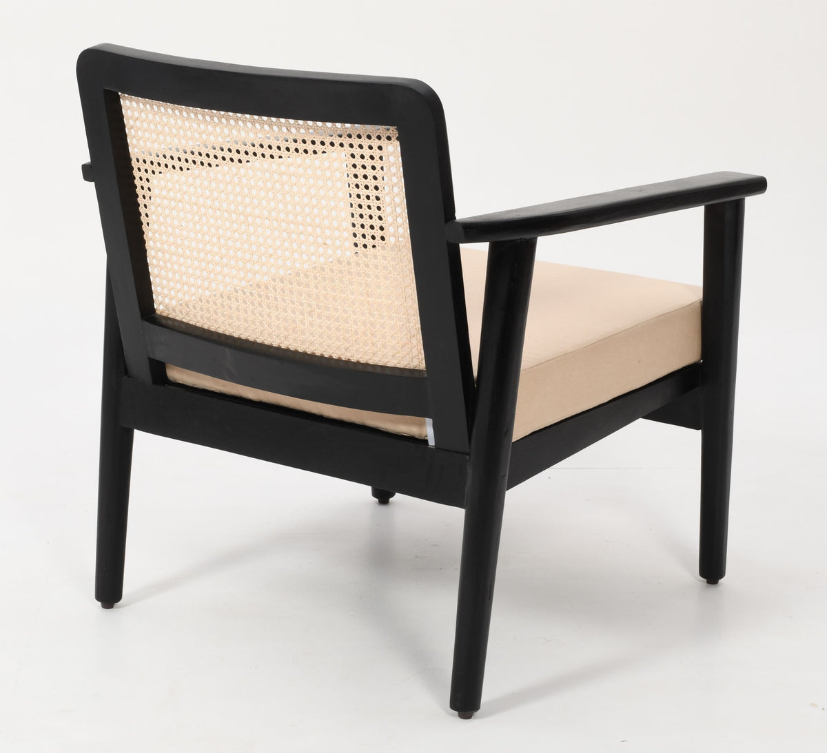 Mid-Century Rattan Chair - Black Solid Mango Wood &amp; Linen Fabric