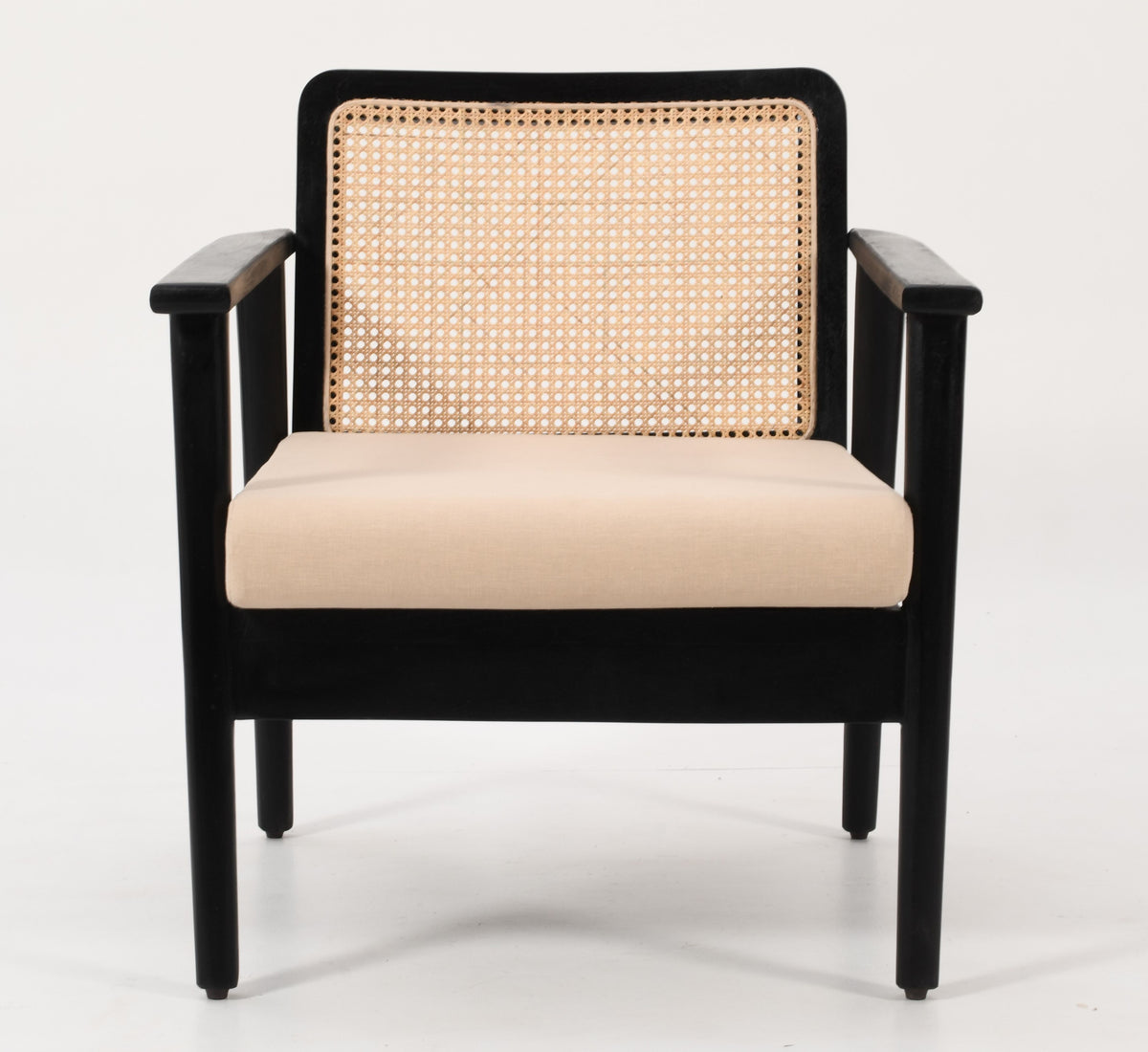 Mid-Century Rattan Chair - Black Solid Mango Wood &amp; Linen Fabric