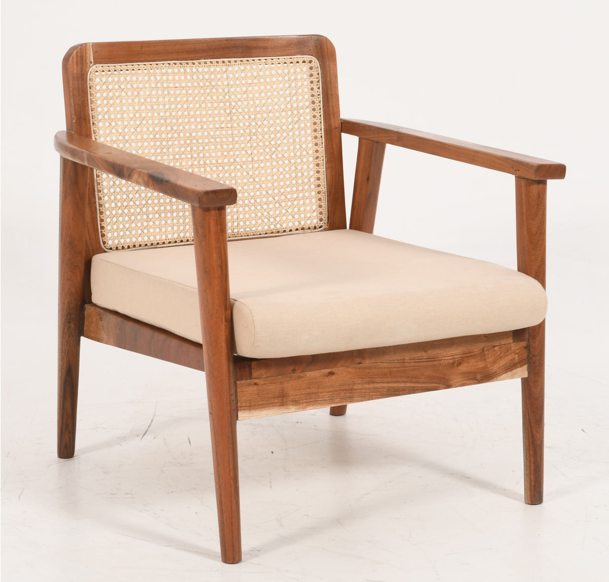 Mid-Century Rattan Chair - Solid Mango Wood &amp; Natural Linen