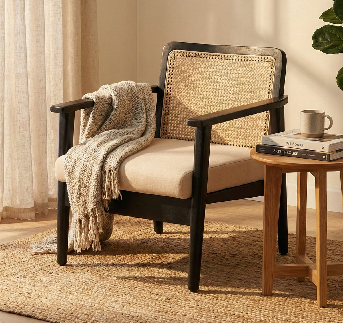 Mid-Century Rattan Chair - Black Solid Mango Wood & Linen Fabric