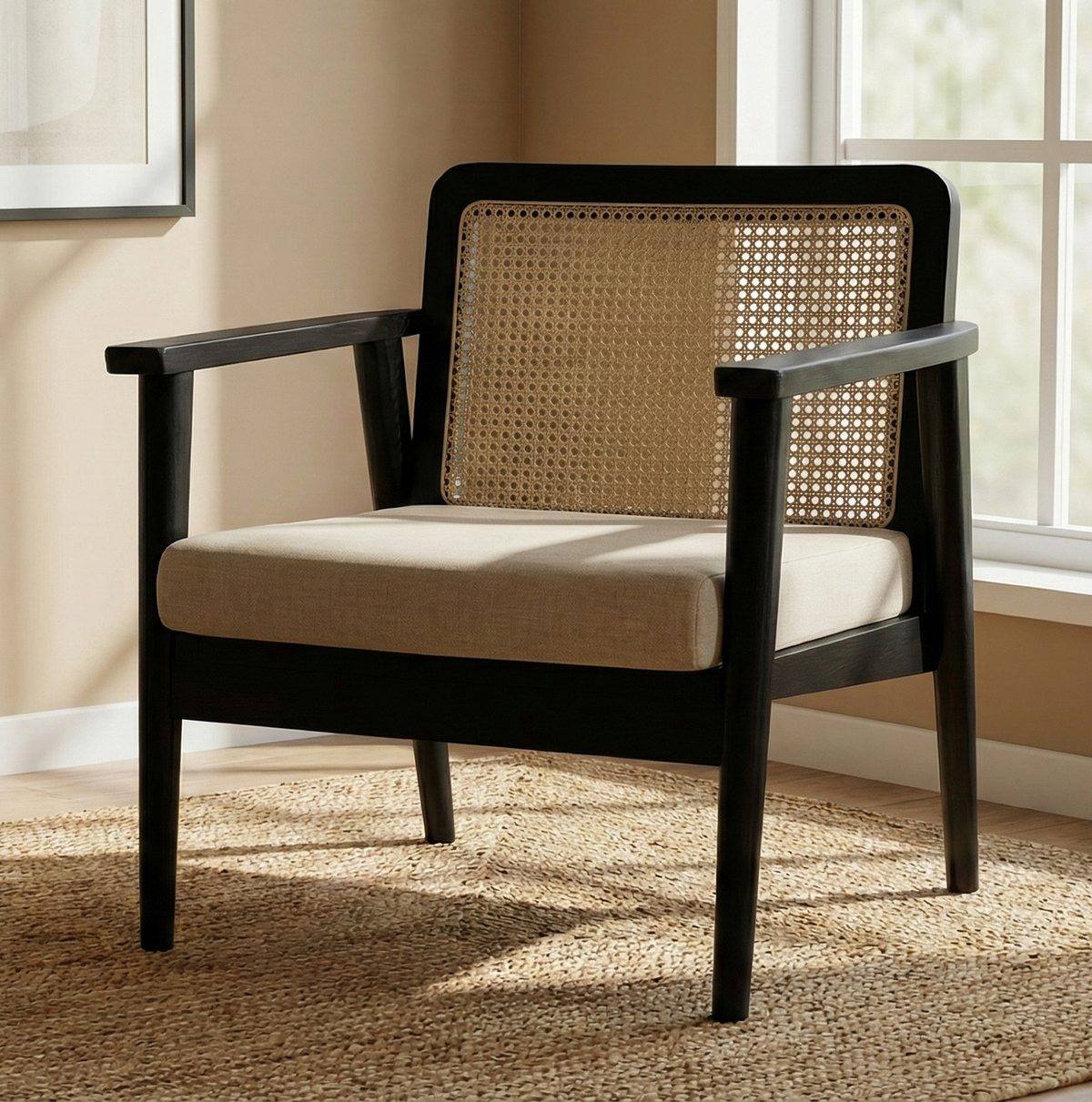 Mid-Century Rattan Chair - Black Solid Mango Wood & Linen Fabric
