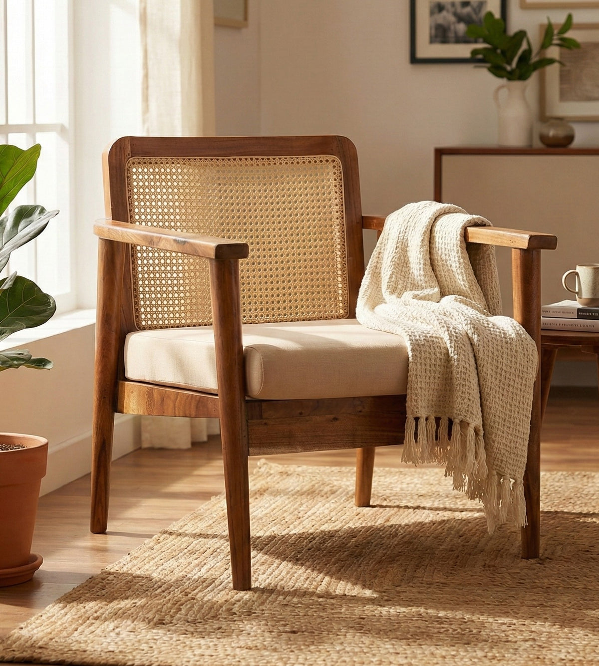 Mid-Century Rattan Chair - Solid Mango Wood & Natural Linen