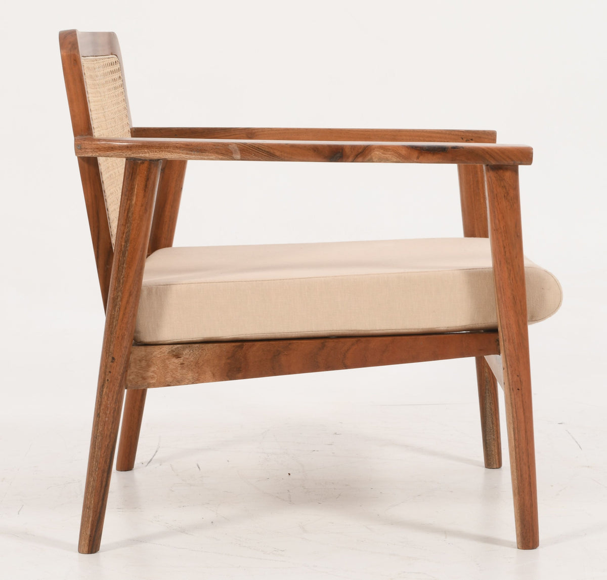 Mid-Century Rattan Chair - Solid Mango Wood &amp; Natural Linen