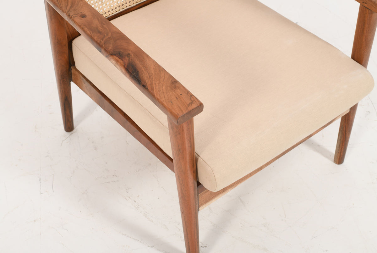 Mid-Century Rattan Chair - Solid Mango Wood &amp; Natural Linen