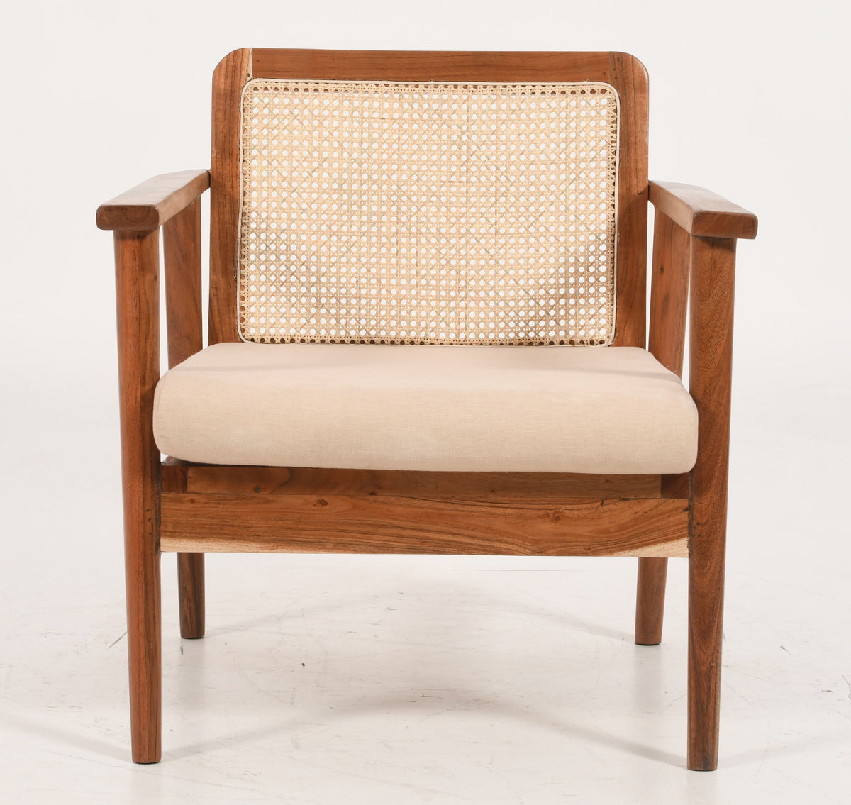 Mid-Century Rattan Chair - Solid Mango Wood &amp; Natural Linen