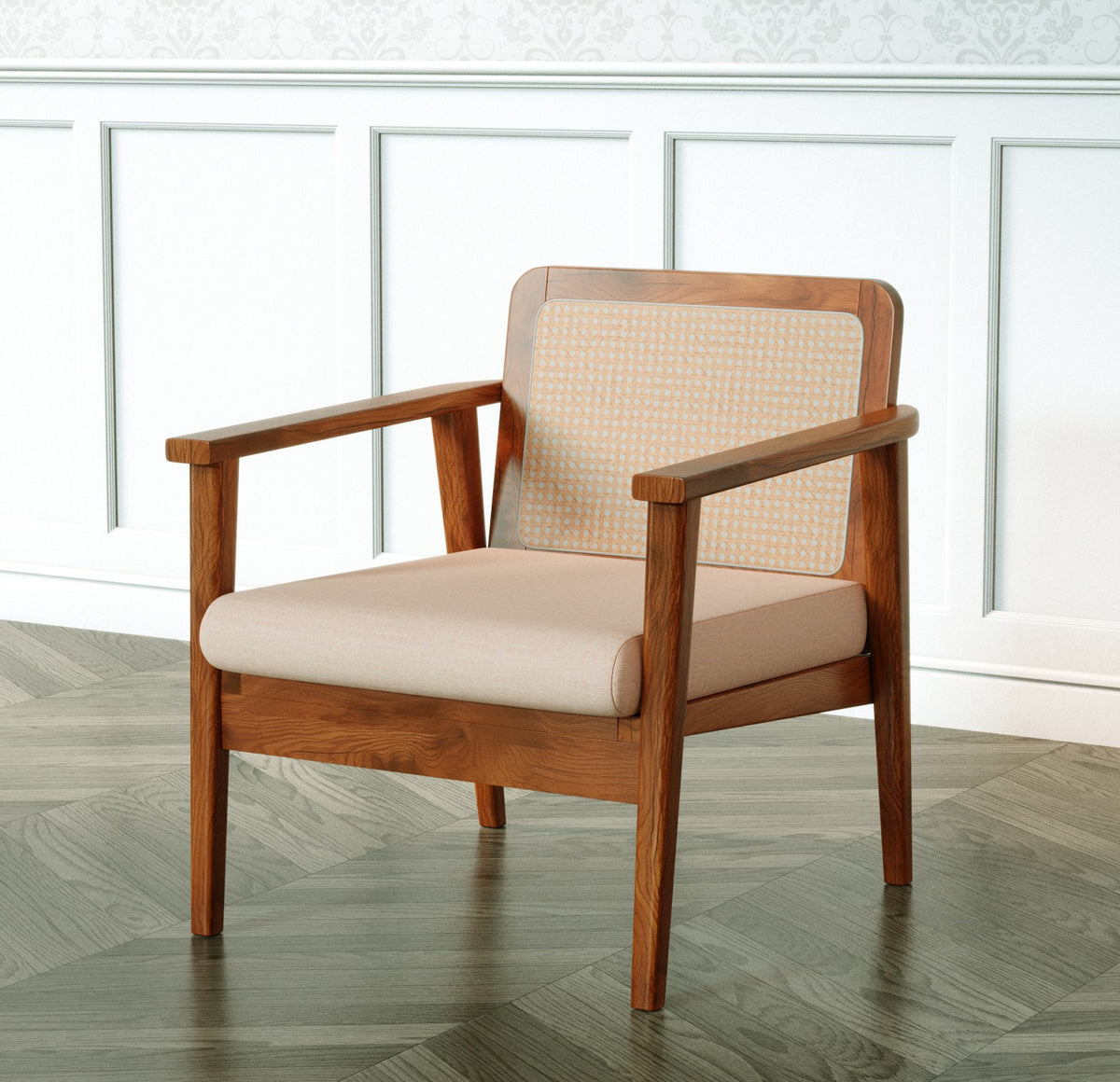 Mid-Century Rattan Chair - Solid Mango Wood &amp; Natural Linen