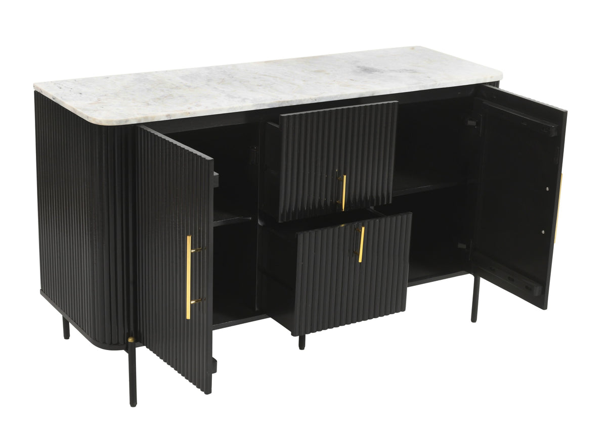 Lucas Flute Solid Mango Sideboard Real Marble Top - Black &amp; Gold