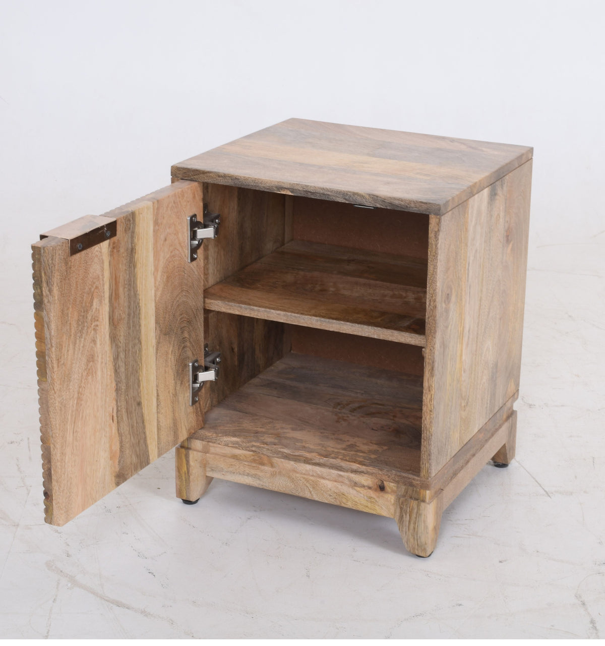 Solid Mango Wood Bedside Cabinet | Geometric Ribbed Nightstand | 50cm