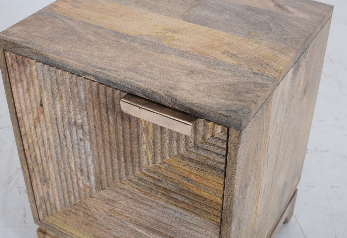 Solid Mango Wood Bedside Cabinet | Geometric Ribbed Nightstand | 50cm