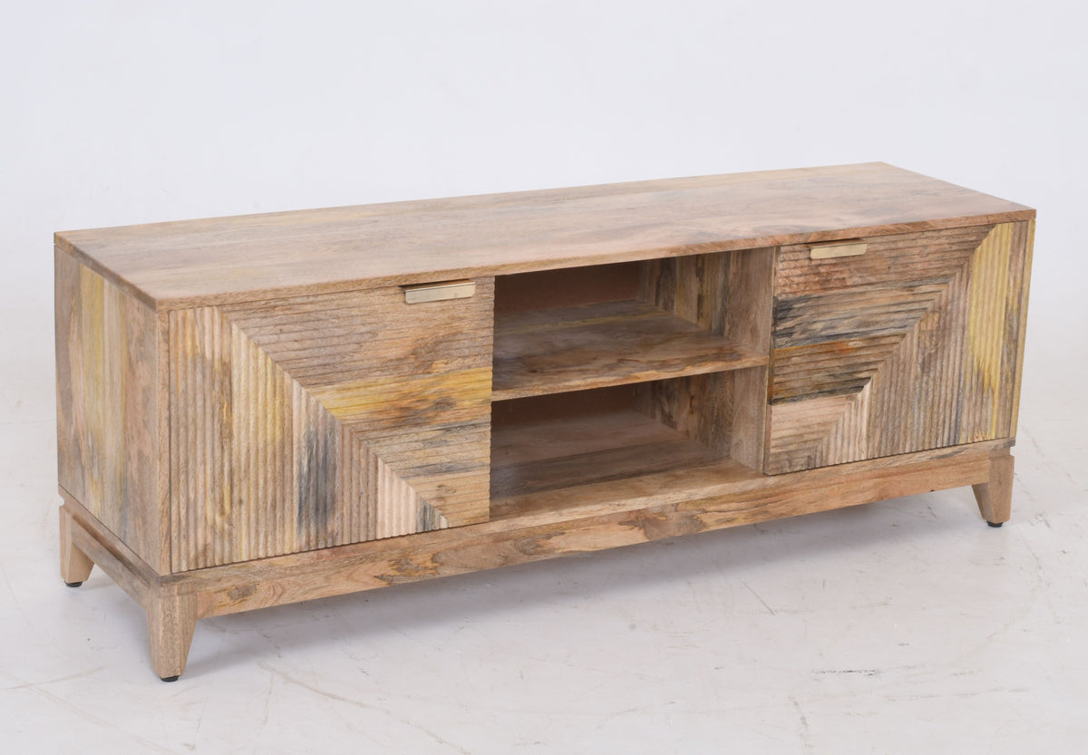 Solid Mango Wood TV Unit | Geometric Ribbed Media Console | 151cm