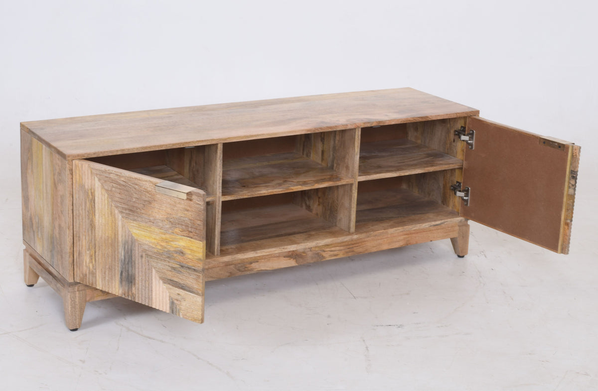 Solid Mango Wood TV Unit | Geometric Ribbed Media Console | 151cm