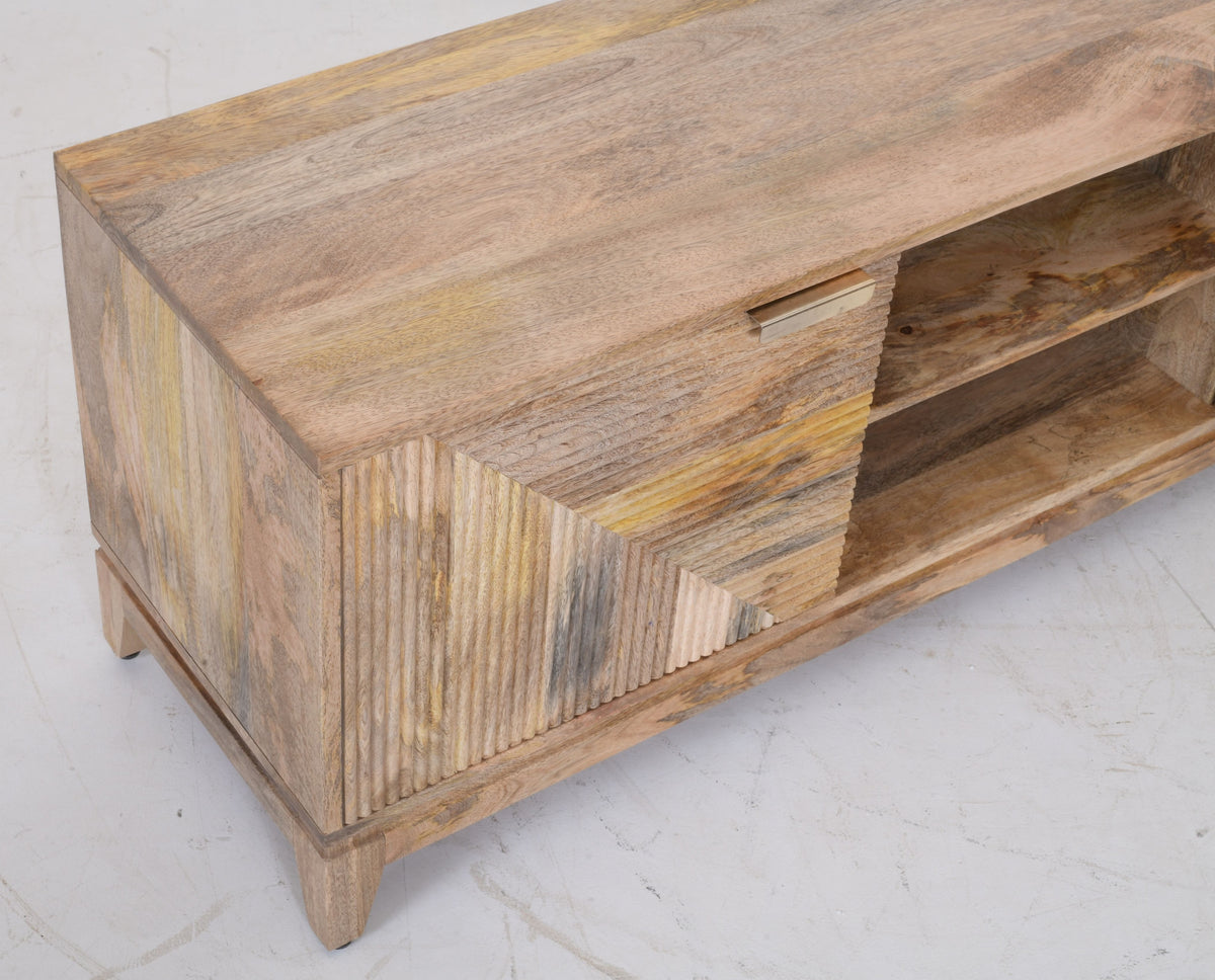 Solid Mango Wood TV Unit | Geometric Ribbed Media Console | 151cm