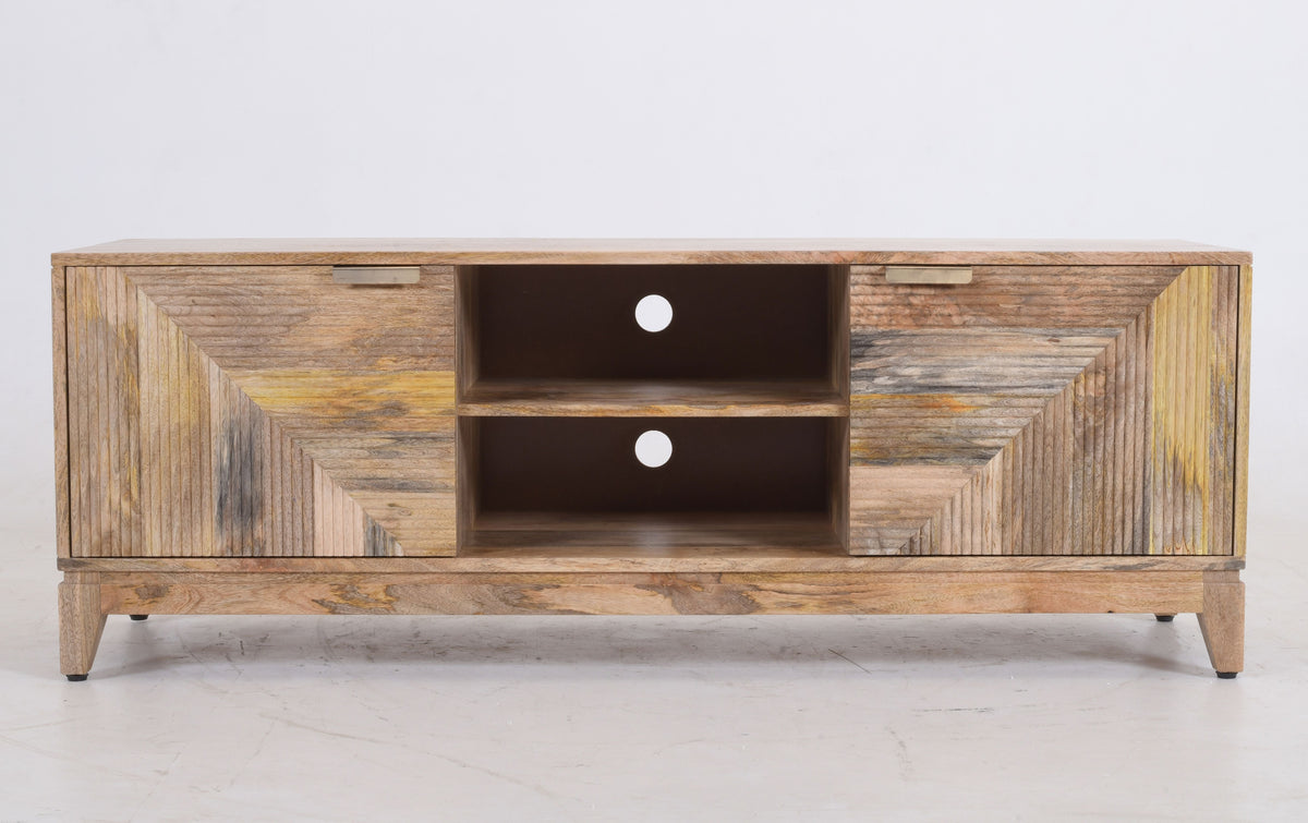 Solid Mango Wood TV Unit | Geometric Ribbed Media Console | 151cm