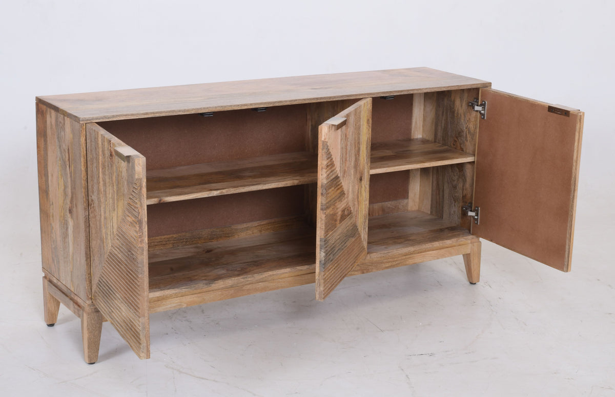 Handcrafted Solid Mango Wood Buffet Sideboard - Ribbed Geometric Front (160cm)