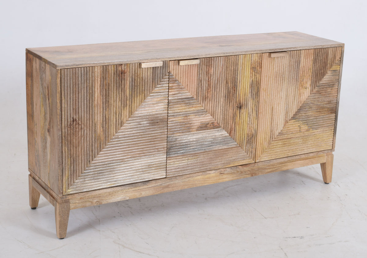 Handcrafted Solid Mango Wood Buffet Sideboard - Ribbed Geometric Front (160cm)