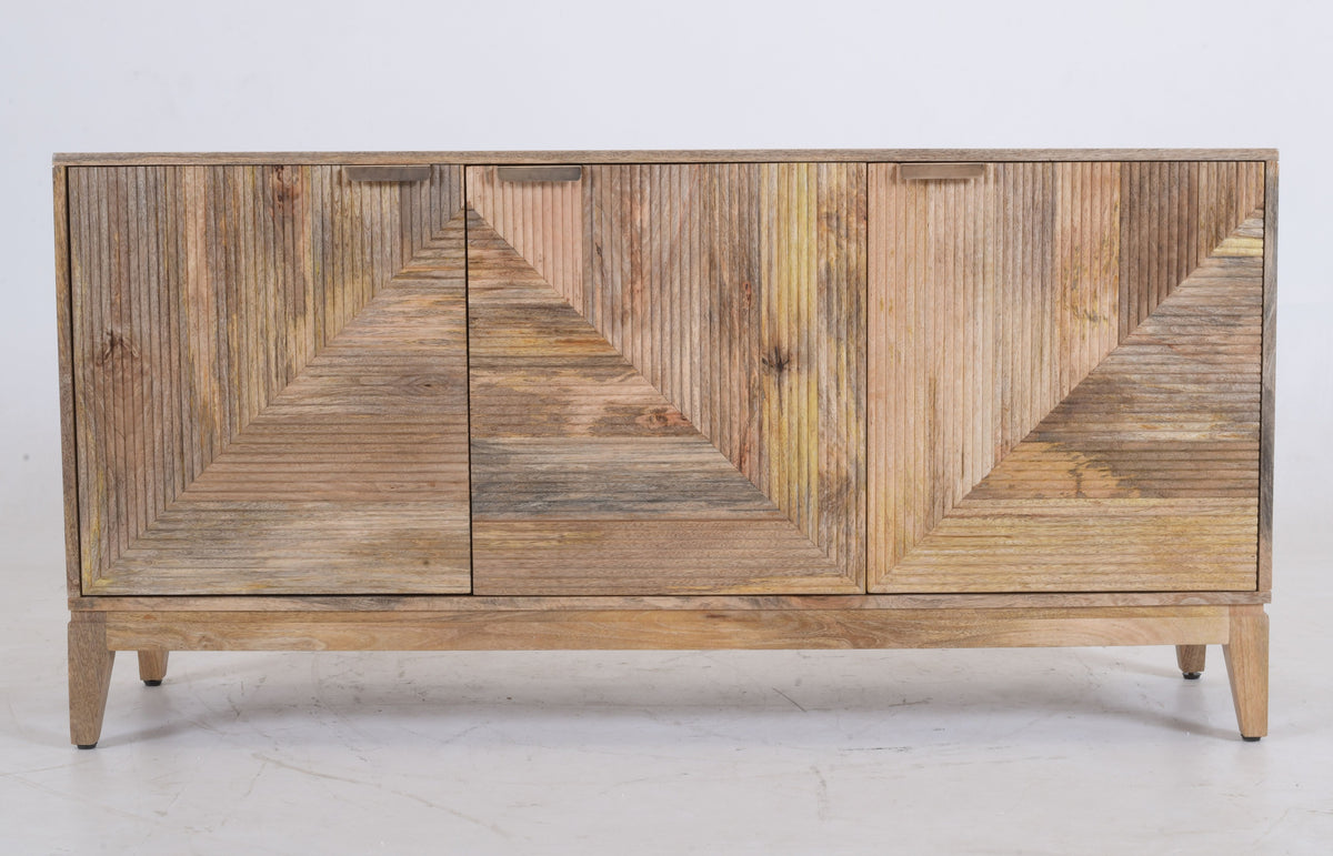 Handcrafted Solid Mango Wood Buffet Sideboard - Ribbed Geometric Front (160cm)