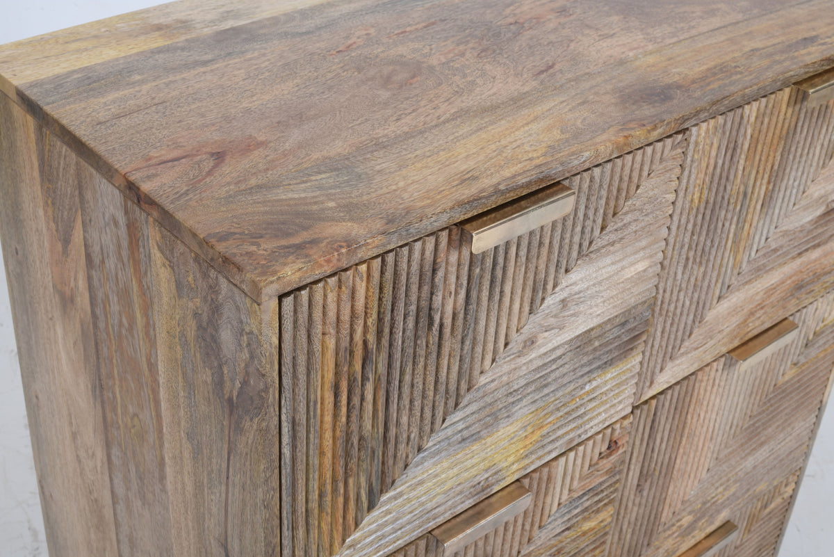 Solid Mango Wood Tallboy | 6-Drawer Geometric Ribbed Chest Of Drawers | 110cm