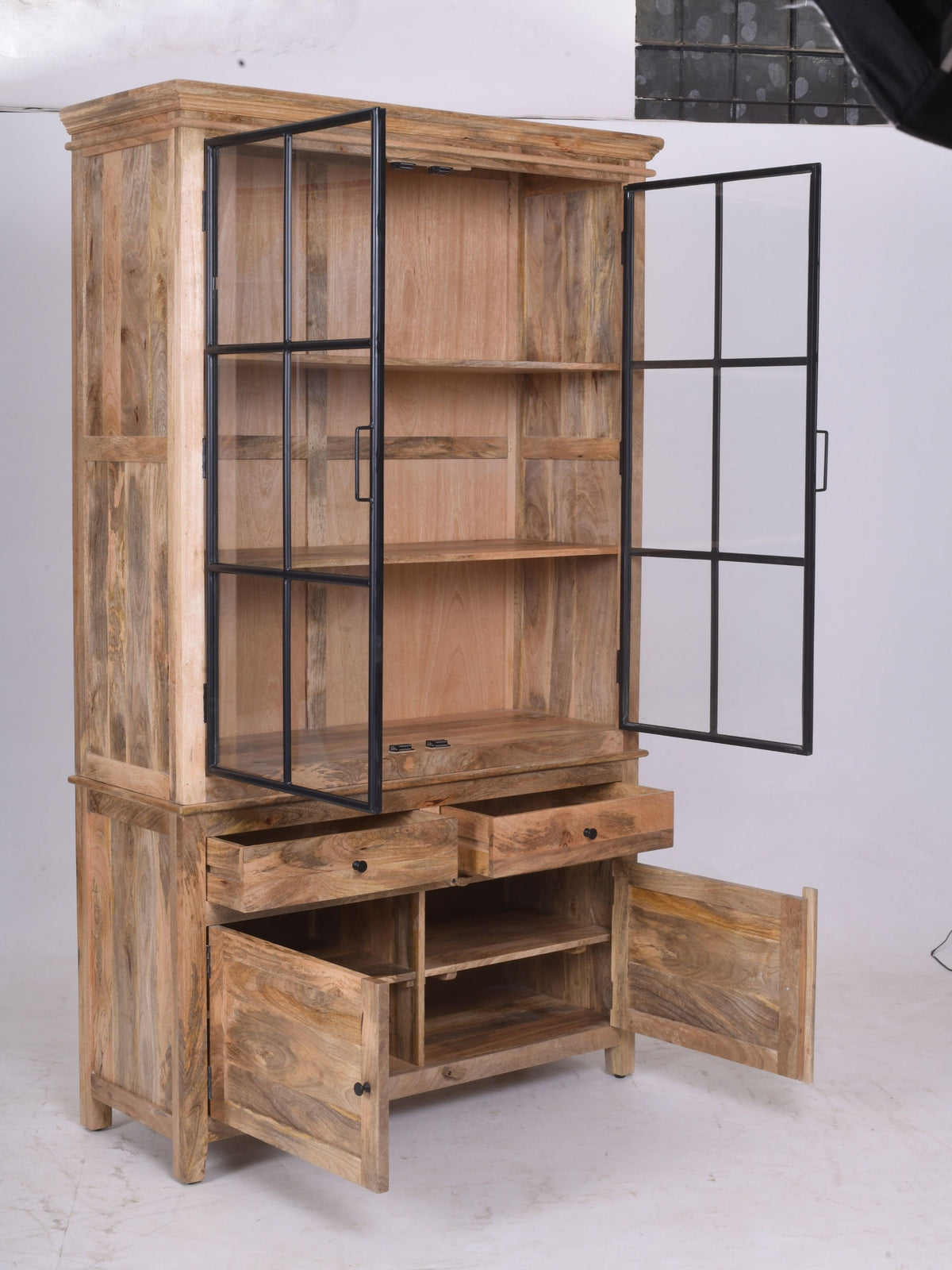 Industrial Display Cabinet | Steel & Mango Wood | Glass Doors | 120 x 45 x 215 cm