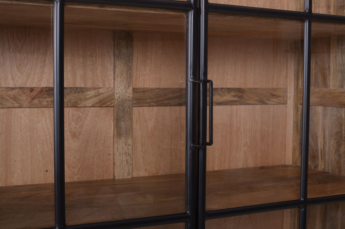 Industrial Display Cabinet | Steel & Mango Wood | Glass Doors | 120 x 45 x 215 cm