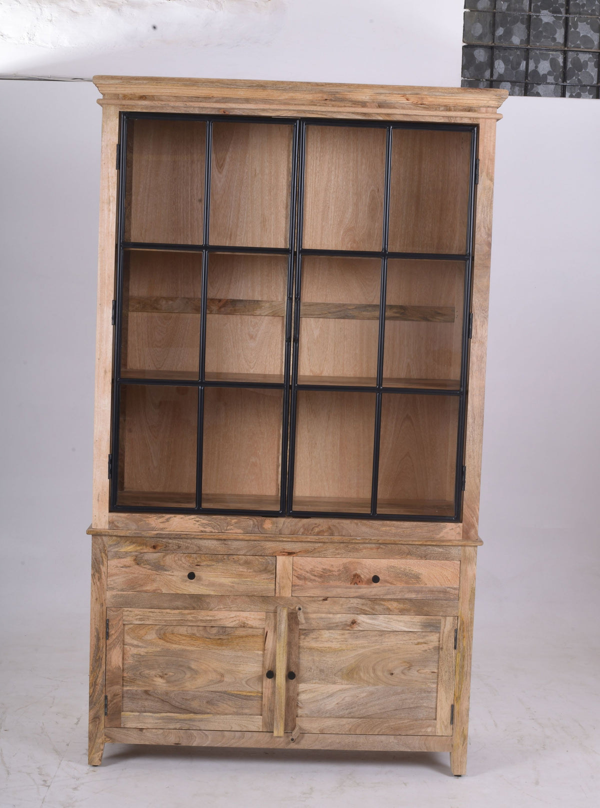 Industrial Display Cabinet | Steel & Mango Wood | Glass Doors | 120 x 45 x 215 cm