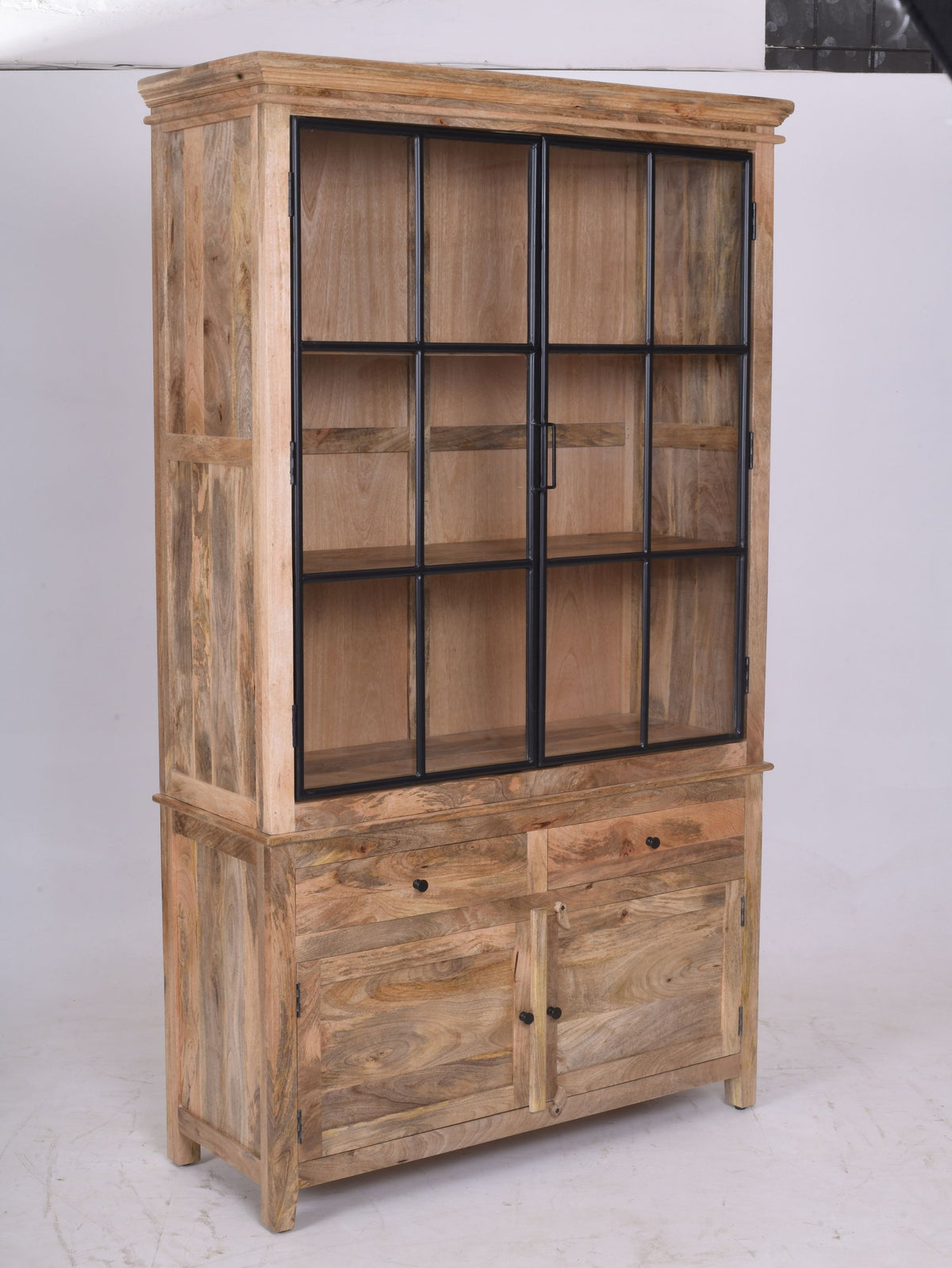 Industrial Display Cabinet | Steel & Mango Wood | Glass Doors | 120 x 45 x 215 cm
