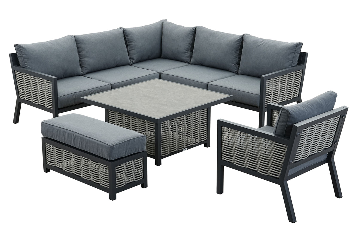 Lisbon Aluminium Corner Sofa, Chair, Bench &amp; Rising Table Dining Set | Dark Grey