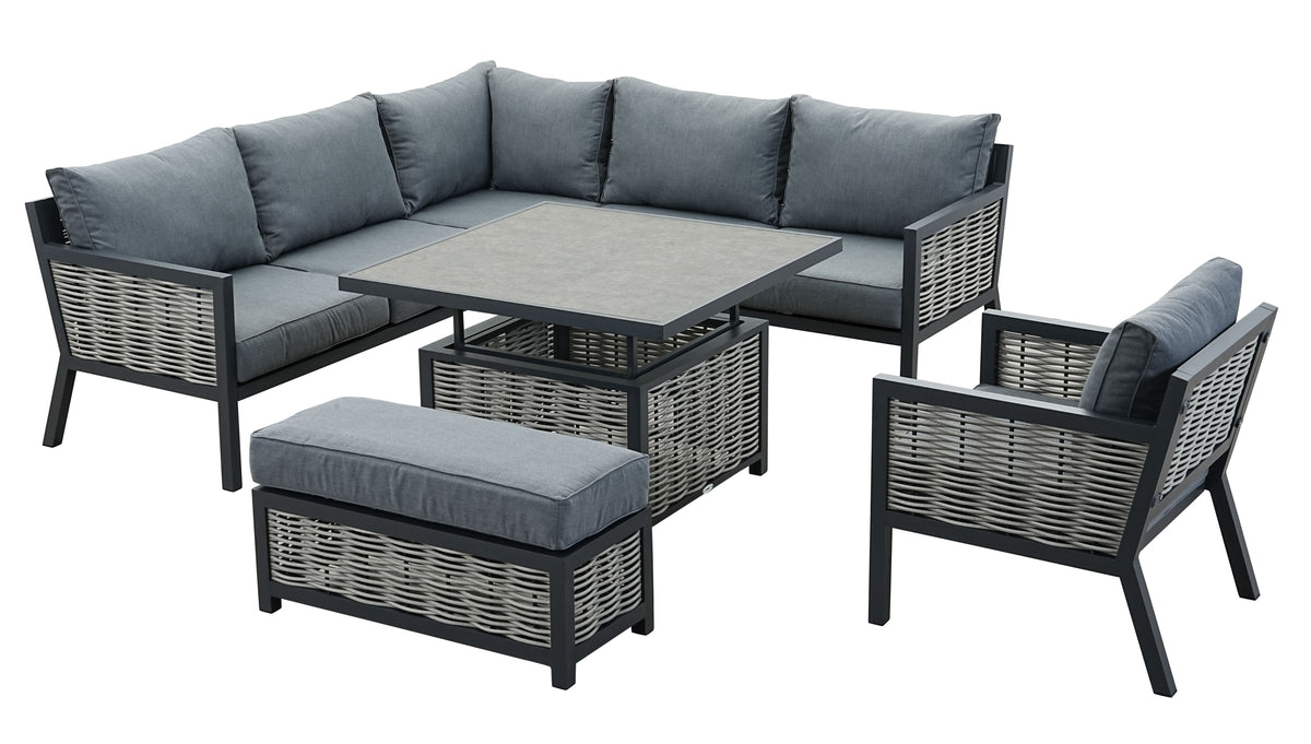 Lisbon Aluminium Corner Sofa, Chair, Bench &amp; Rising Table Dining Set | Dark Grey