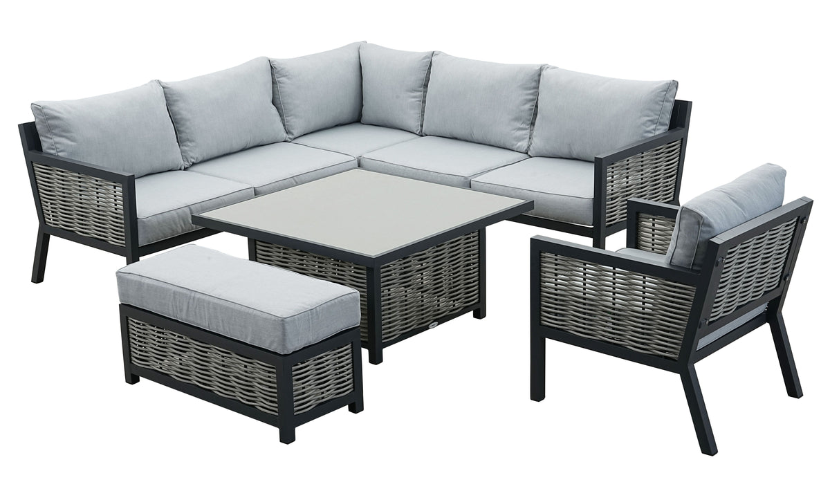 Lisbon Aluminium Corner Sofa, Chair, Bench &amp; Rising Table Dining Set | Light Grey