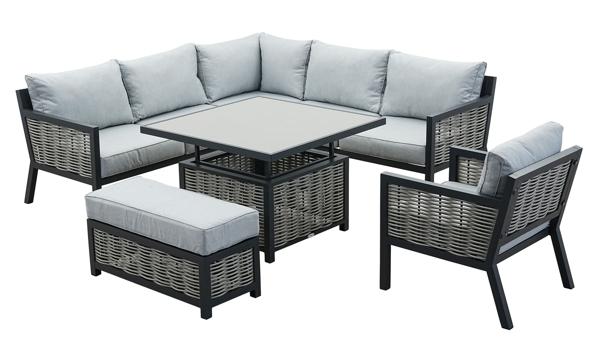 Lisbon Aluminium Corner Sofa, Chair, Bench &amp; Rising Table Dining Set | Light Grey