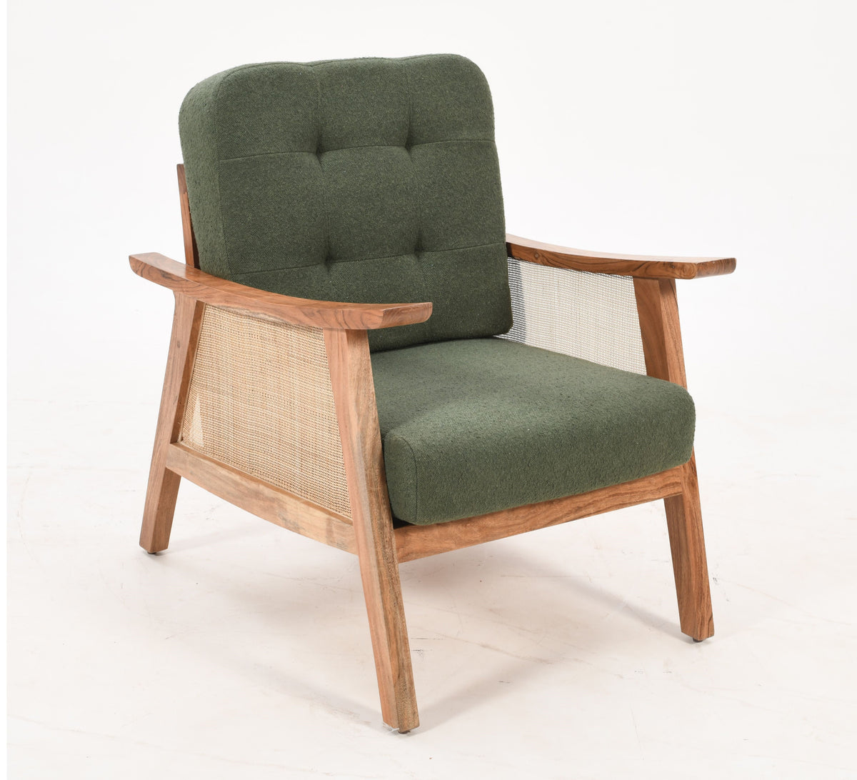 Mid Century Rattan Accent Chair - Solid Acacia Wood &amp; Green Boucle Fabric