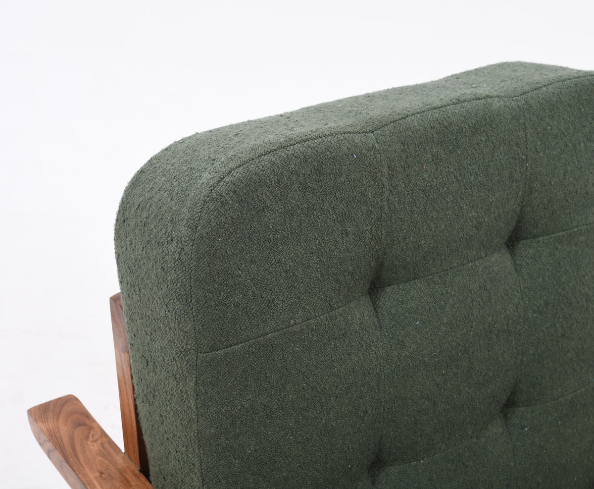 Mid Century Rattan Accent Chair - Solid Acacia Wood &amp; Green Boucle Fabric