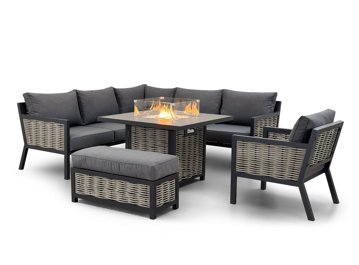 Porto Aluminium Corner Sofa, Chair, Bench &amp; Fire Pit Dining Table Set | Dark Grey