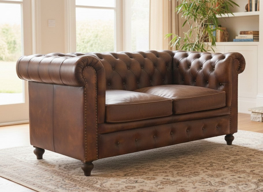 Louis Genuine Leather 2-Seater Chesterfield Sofa – Classic Brown