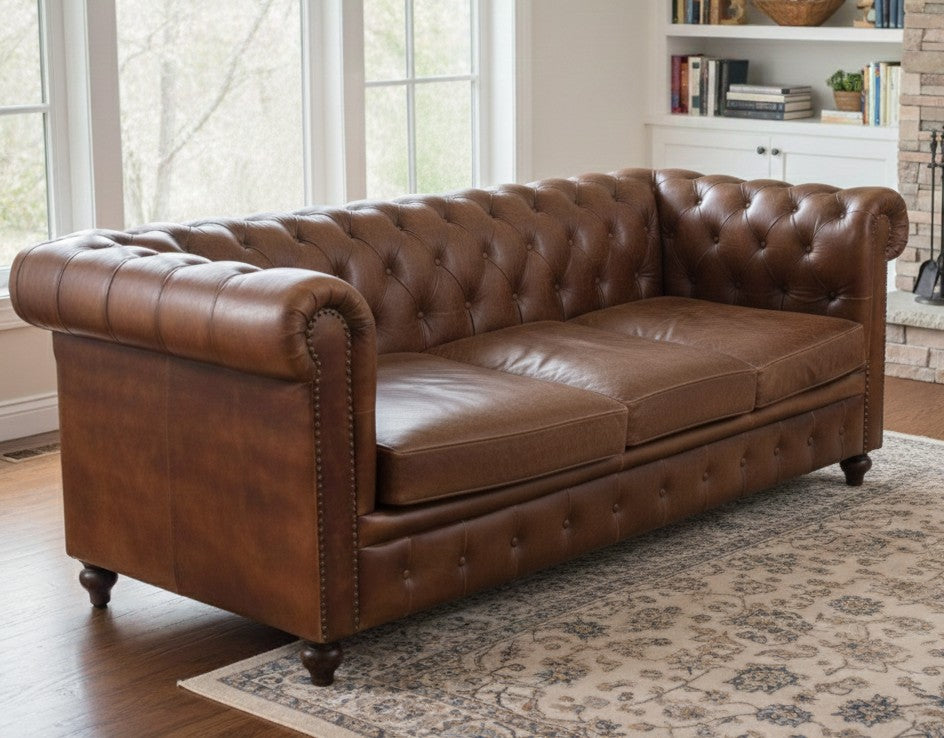 Louis Genuine Leather 3-Seater Chesterfield Sofa – Classic Brown