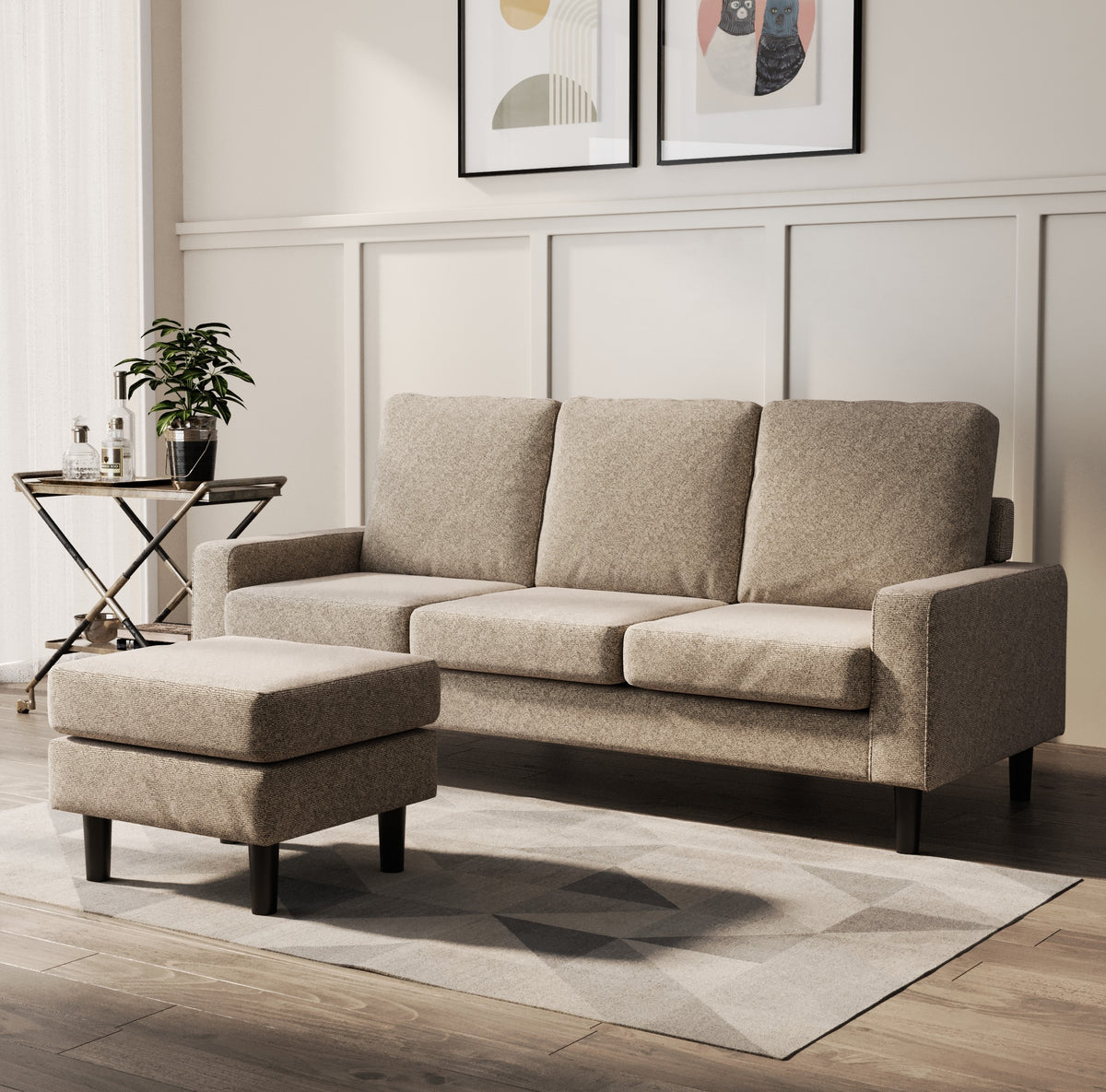 Chloe 3 Seater Sofa with Reversible Chaise in Light Brown Oatmeal Linen