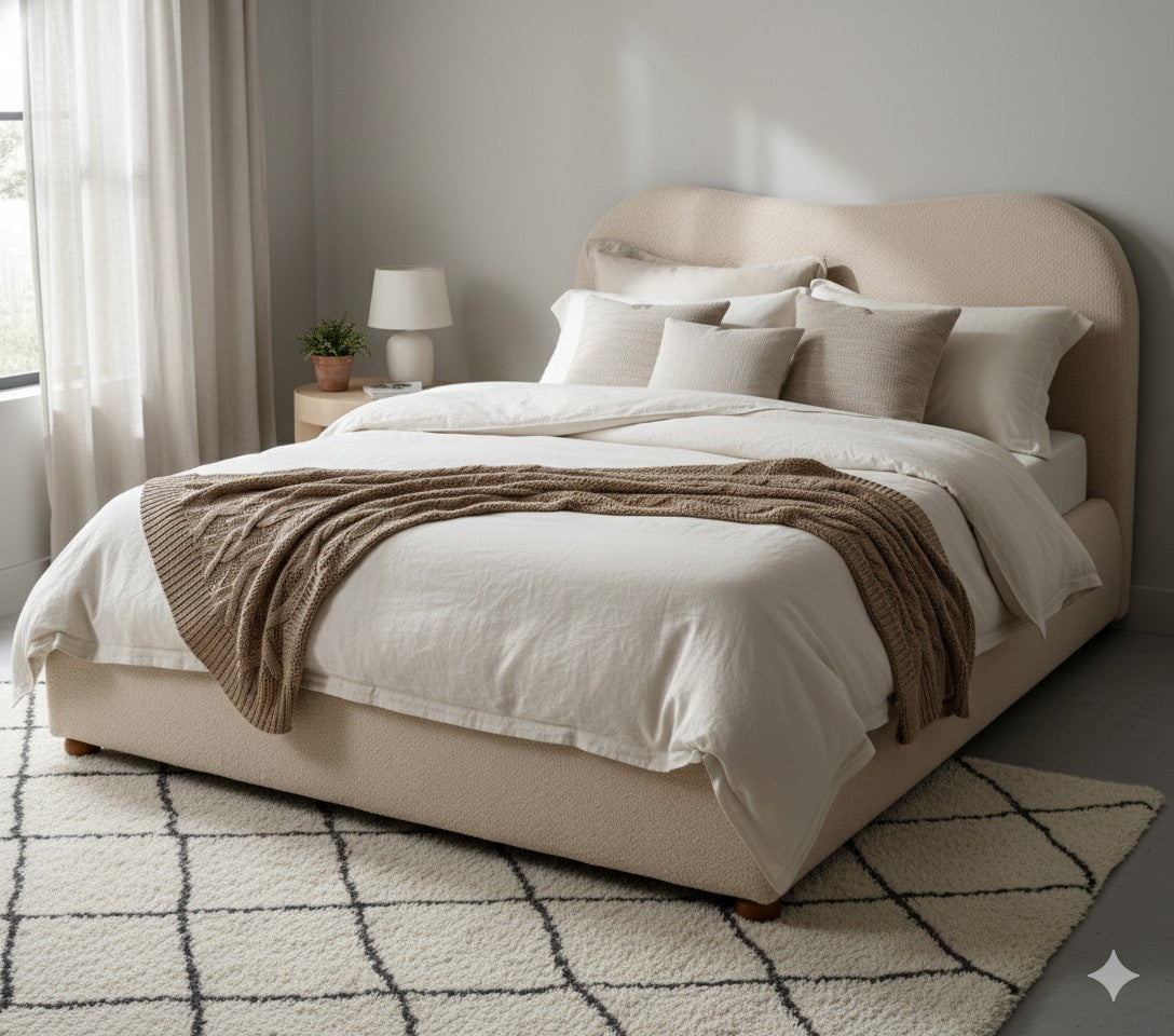 Curved Ottoman Storage Bed - Bouclé "Teddy" Fabric 4ft 6" Double