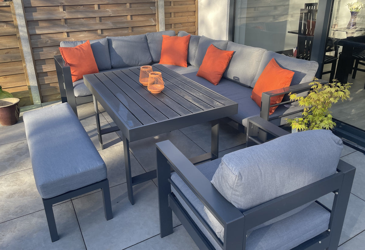 Aluminium Left Hand Corner Sofa / Outdoor Garden Dining Set in Dark Grey