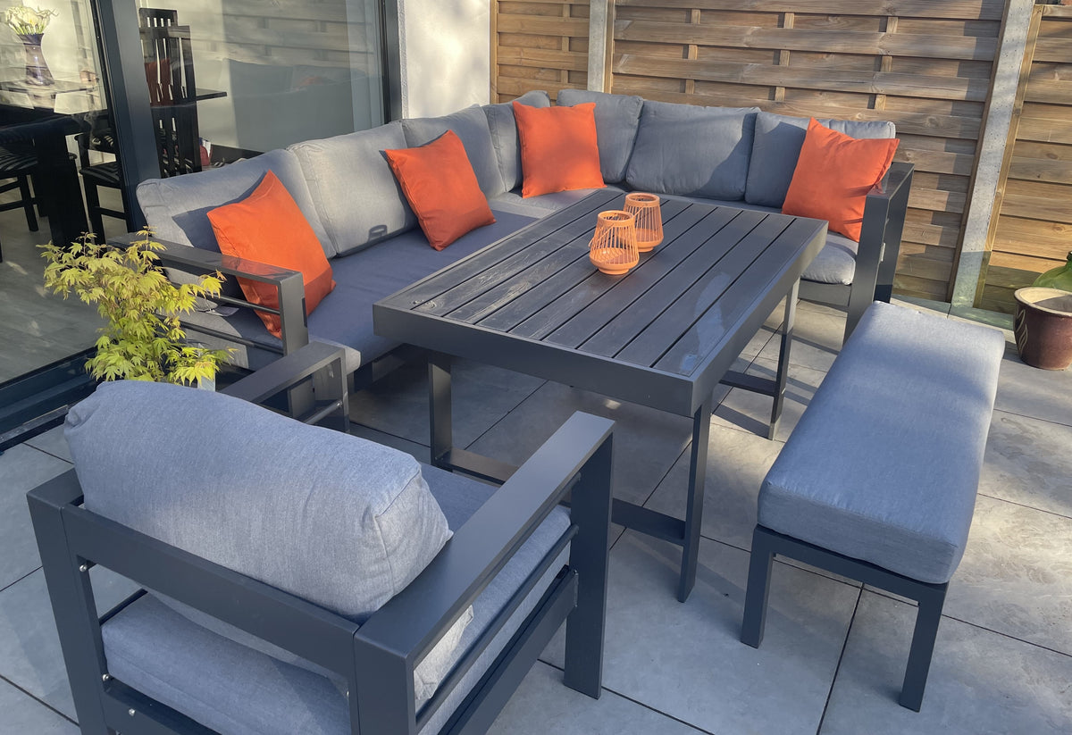 Aluminium Right Hand Corner Sofa / Outdoor Garden Dining Set in Dark Grey