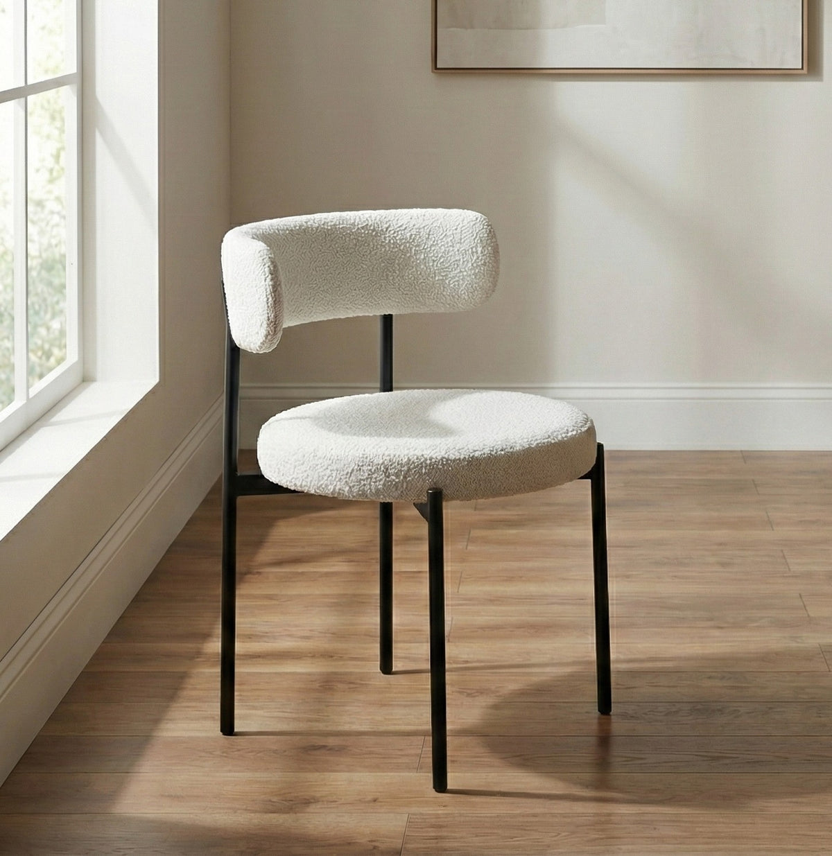 Danni Set Of 4 Modern Bouclé "Teddy" Fabric Dining Chairs | Off White