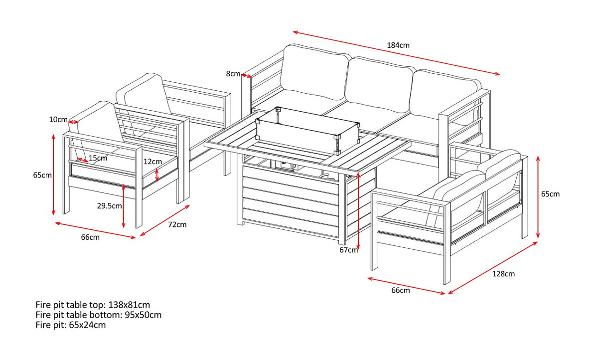 Aluminium 3 + 2 + 1 + 1 + Fire Pit Table Garden Furniture Sofa Set in Black and Grey