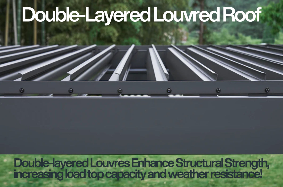 LuxShade™ 4×4m Aluminium Pergola with LEDs, Double-Layered Louvred Roof &amp; 3 Blinds