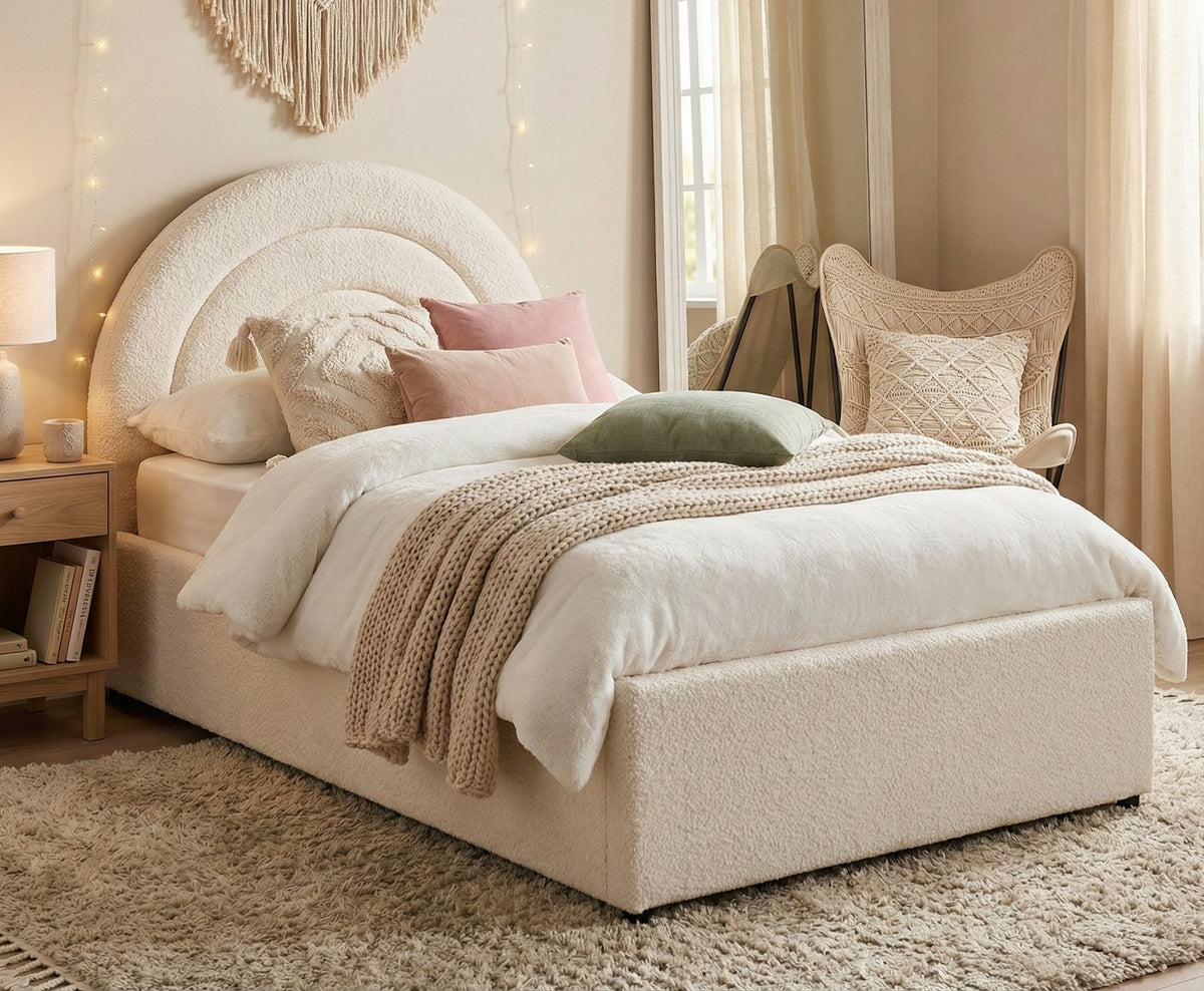 Emma Ottoman Storage Bed - Bouclé "Teddy" Fabric - Size: 3ft Single