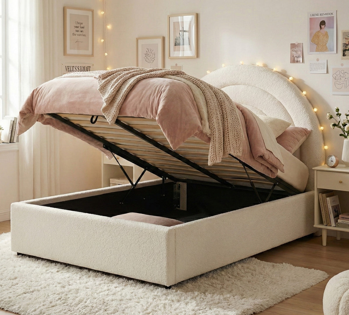 Emma Ottoman Storage Bed - Bouclé "Teddy" Fabric - Size: 3ft Single