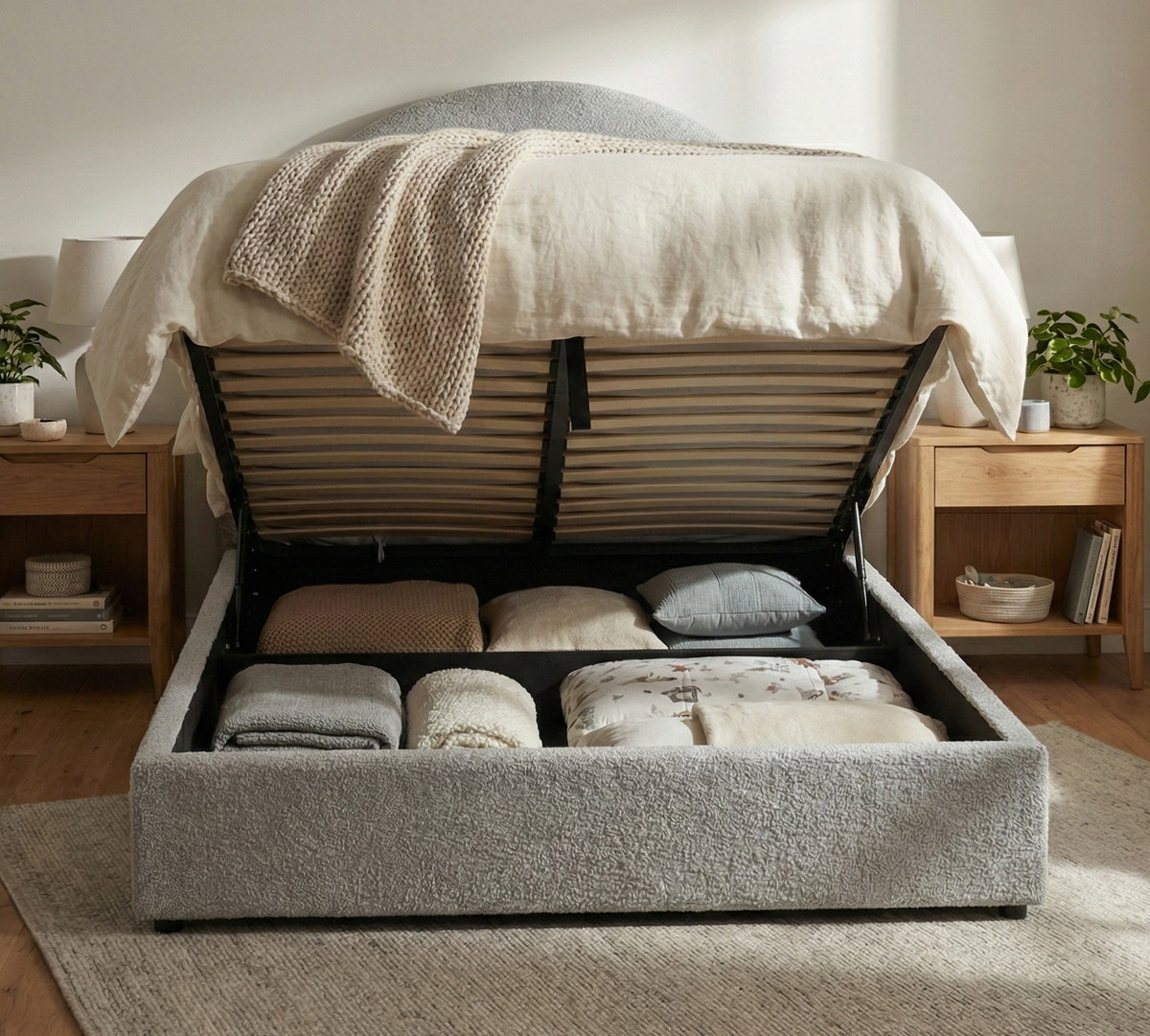 Emma Ottoman Storage Bed - Grey Bouclé "Teddy" Fabric - Size: 4ft 6" Double